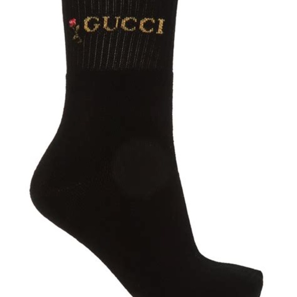 GUCCI Metallic Logo Crew Socks In Black Shiny Pong - Picture 3 of 9